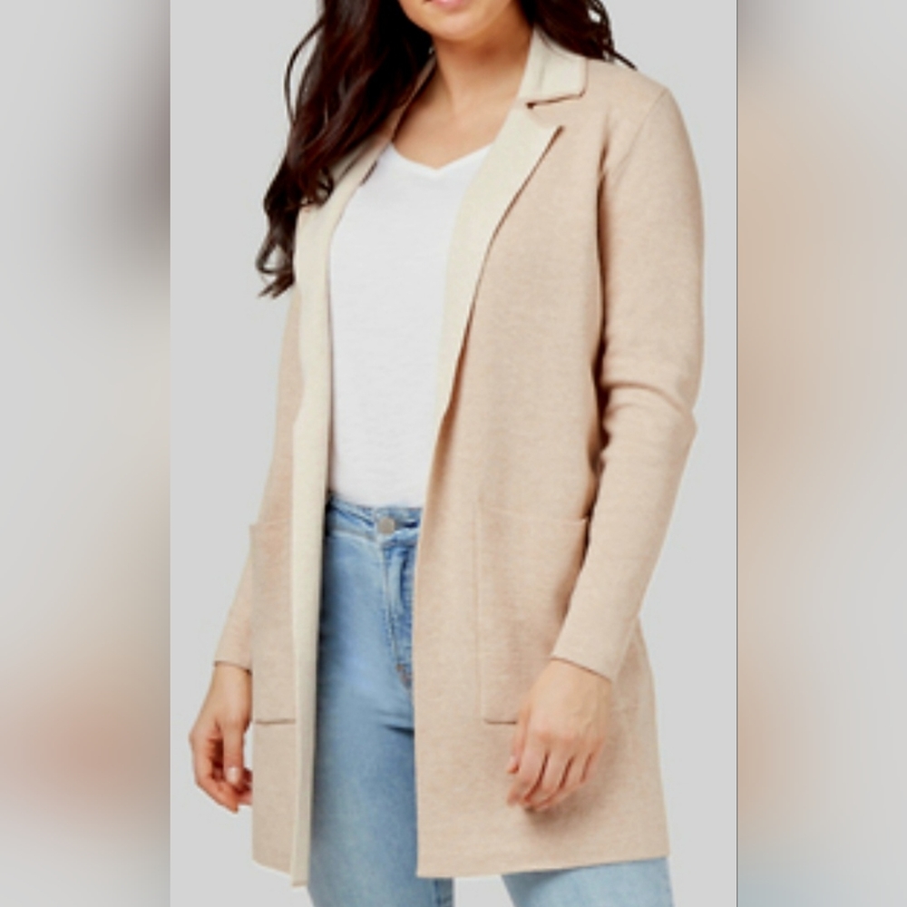 $189 Talbots Women's Pure Merino Wool Open Front Cardigan Tan/Cream XS